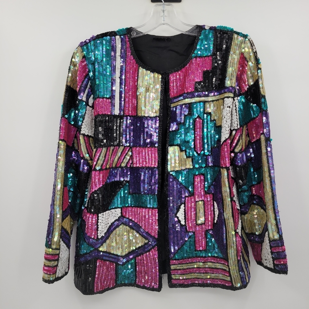 Laurence Kazar 100% Silk Multicolor Sequin Jacket